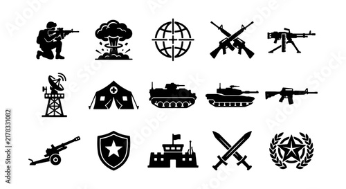 Military Icons Set, War Symbols Collection, Army Graphics, Defense Vector Elements, Combat Equipment, Soldier, Tank, Weapon, Shield, Artillery, Fort