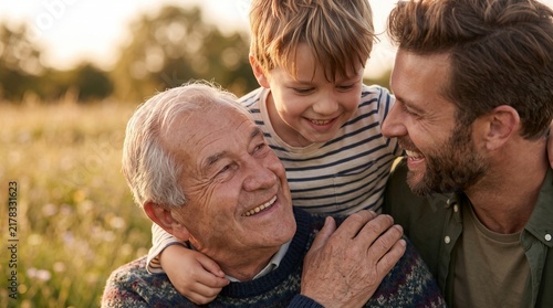 Three generations of men smiling together