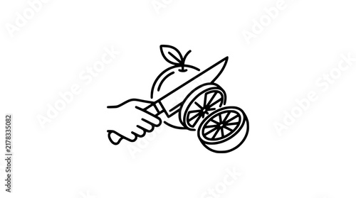 Minimalist line art vector of a hand slicing a fresh citrus orange