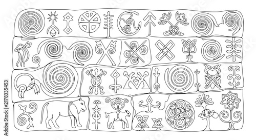 Obraz na plátne Ancient symbols carved on stone, historical art, cultural heritage, tribal patte