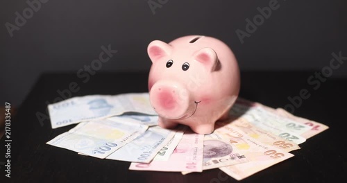 pink piggy bank for saving money on a light background
