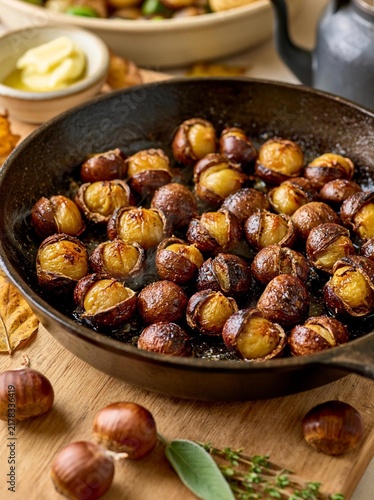 Black cast iron skillet filled with roasted chestnuts. the chestnuts are golden brown and appear to be seasoned with herbs and spices.