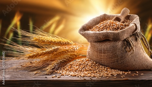 Chicchi Di Grano In Un Sacco E Spighe Di Grano Su Un Tavolo Di Legno