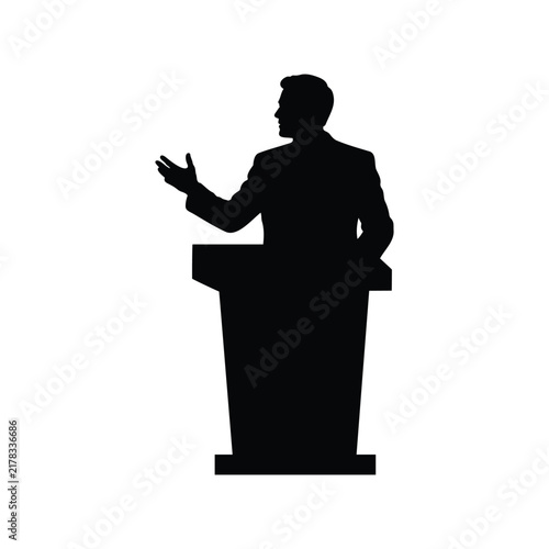 Фотография Person in a suit standing behind a podium and gesturing while delivering a speech silhouette vector flat illustration design