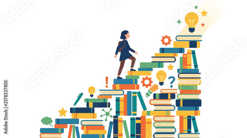 Illustration of a student climbing a stack of books toward a glowing light bulb representing education and knowledge growth