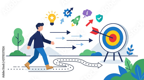 Businessman walking towards target goal with strategic thinking and growth symbols representing career success and achievement