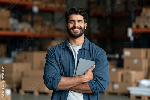 Friendly male warehouse manager smiling with a digital tablet amidst stacked cardboard boxes