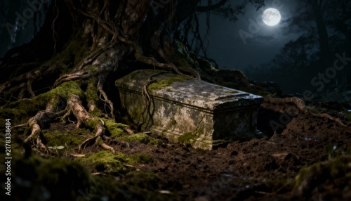 Ancient stone tomb under gnarled tree roots in moonlit cemetery
