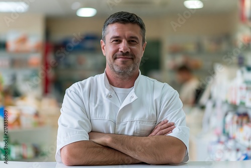 Male pharmacist in white uniform standing with folded arms in pharmacy store