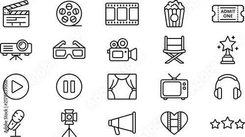 20 Cinema, Movie, and Film Production Line Icons Set