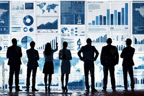 Silhouettes of business people looking at financial charts and global data walls