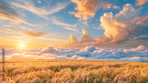 Golden wheat field above a beautiful sea of clouds at dramatic sunset
