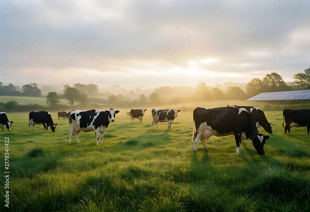 Obraz premium Sustainable dairy farming and renewable energy, cows grazing in a misty green pasture with solar panels at sunrise in a rural agricultural landscape