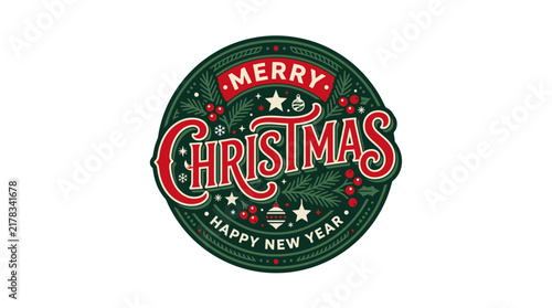 Merry christmas and happy new year holiday sticker design with festive text
