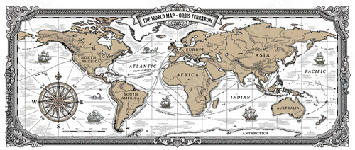 Quadro su tela Vintage World Map Illustration with Ships and Compass Rose