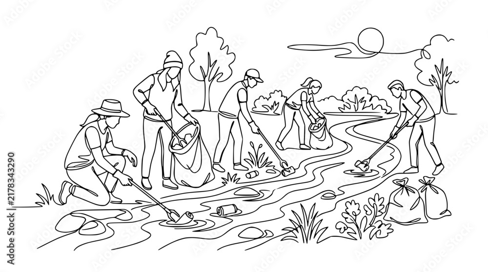 Fototapeta premium Volunteers Cleaning Riverbank: Community Effort, Environmental Protection