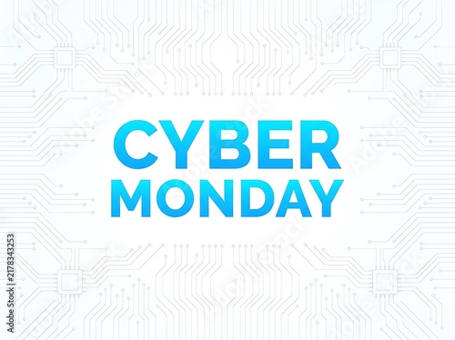 Cyber monday vector background with circuit board pattern and microchip elements