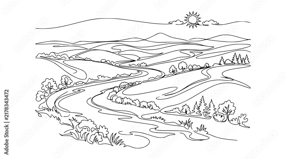 Obraz premium Winding River Landscape Drawing, Isolated, Transparent Background, Nature Outline