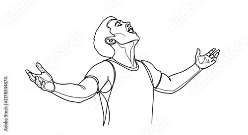 Bild auf Leinwand Man celebrating, arms outstretched, head tilted back, line art, isolated on tran