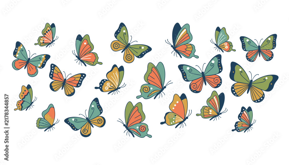 Fototapeta premium Diverse collection of nineteen colorful butterflies in different patterns and colors flying across a white background.