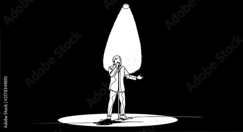 Singer performing under spotlight, isolated on white background