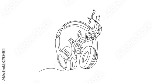 Headphones with Musical Notes - Continuous Line Art