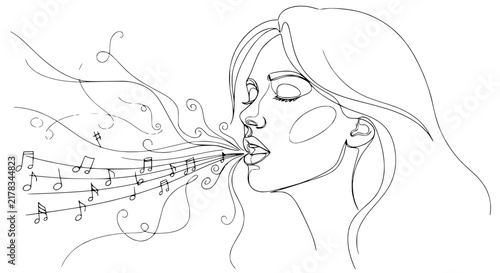 Woman Singing with Music Notes, Isolated Line Art Illustration