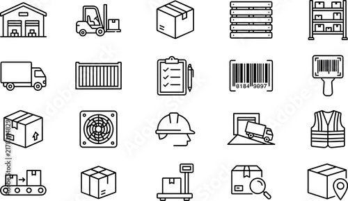 20 Warehouse, Logistics, and Freight Delivery Line Icons Set