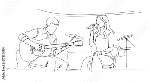 Musicians Duo Playing Guitar and Singing with Drums on Transparent Background