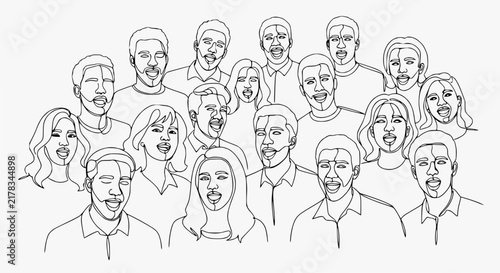 Diverse Group of People Singing Together, Line Art Illustration, Isolated