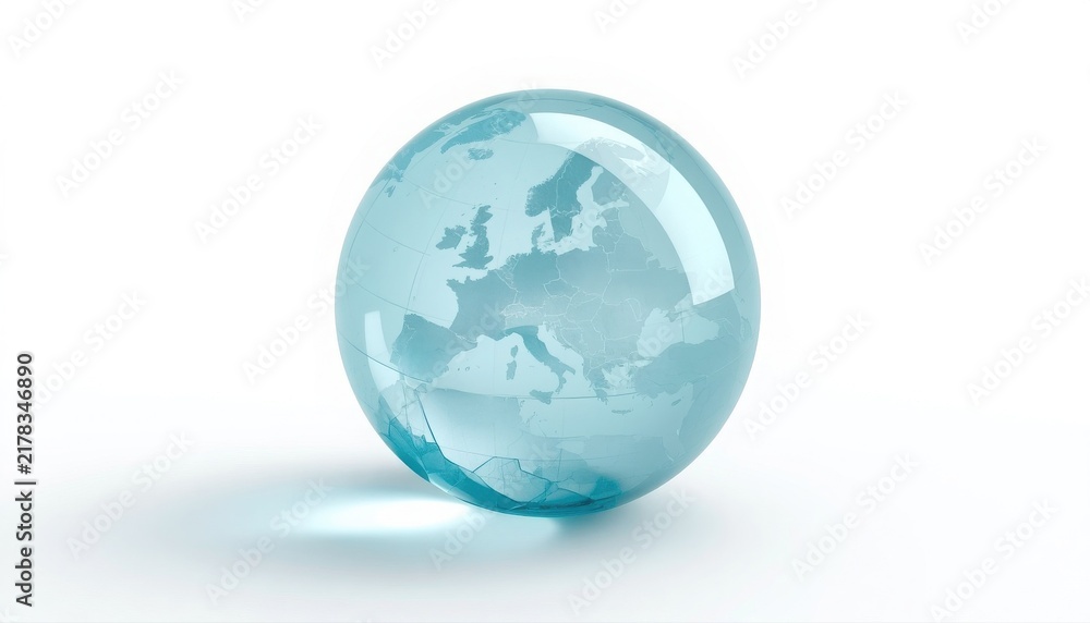 Fototapeta premium Transparent crystal globe showing europe map isolated on white background with glass sphere transparent geography continent isolated international business environment education spherical