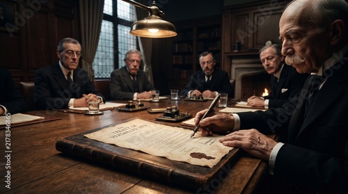 An Elderly Statesman with a Distinguished Mustache Carefully Signing the Treaty of Versailles in 1919
