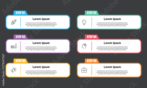 Infographic design template. 6 colorful shape business infographic elements with linear symbols inside; concept of 6 steps to business growth. Eps vector illustration.