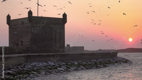 View of the historic Skala de la Ville fortifications at sunset with birds flying over the sea in Essaouira, Marrakesh-Safi, Morocco.