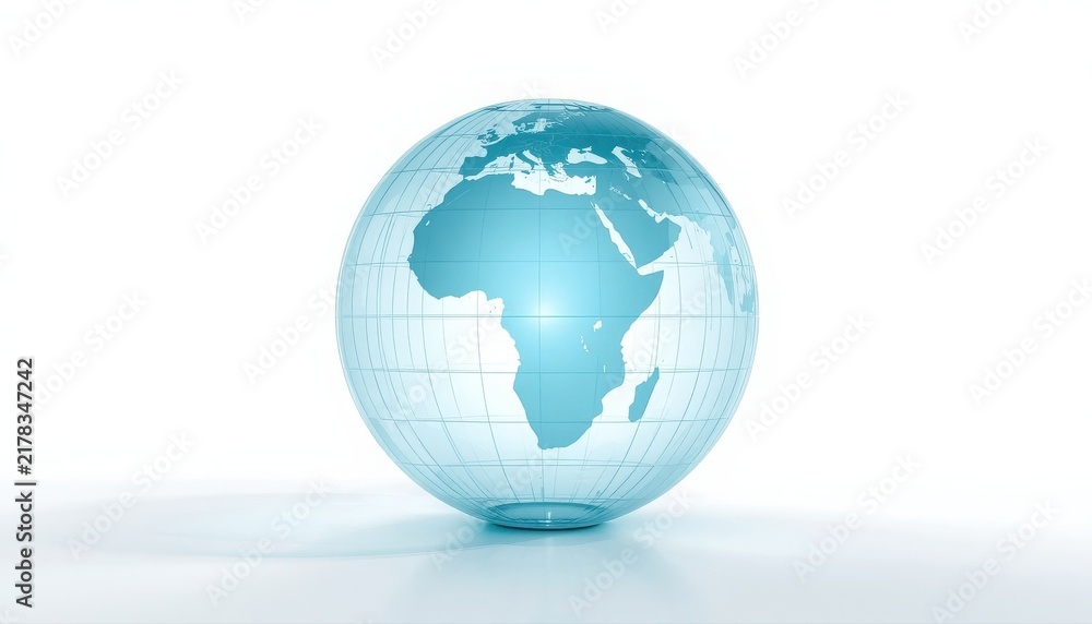 Fototapeta premium Transparent glass globe showing africa and europe continent map on white background with earth globe world map blue globe planet earth glass art glass sphere crystal globe eco friendly