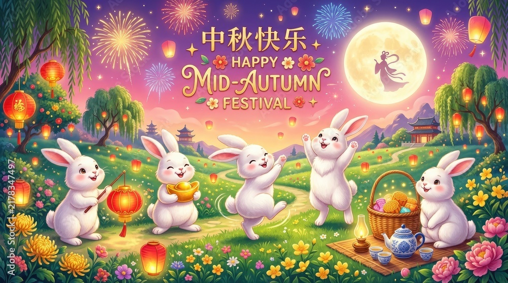 Fototapeta premium Happy Mid-Autumn Festival celebration with rabbits in a flower field