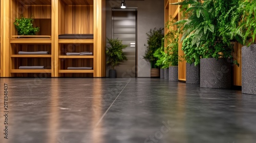 Serene relaxation space featuring wooden shelving, lush greenery, and elegant dark stone flooring