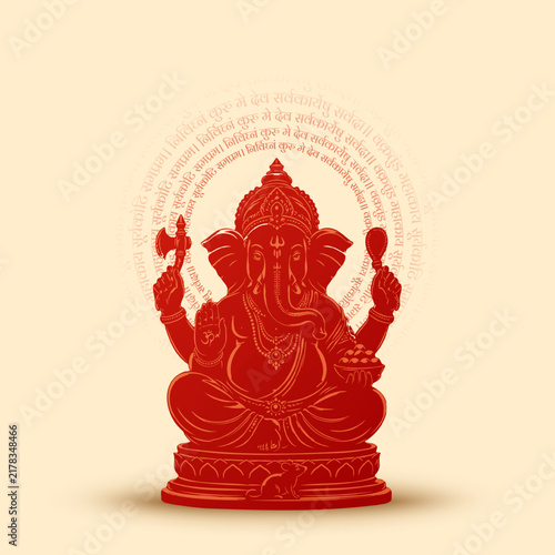 Lord Ganpati on Ganesh Chaturthi background. abstract vector illustration design background. Lord Ganesh Mantra in sanskrit. Translation-Oh god with a curved trunk, the large body whose aura is...