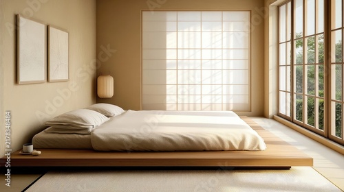 Serene zen bedroom with minimalist design and soft lighting creating peaceful atmosphere