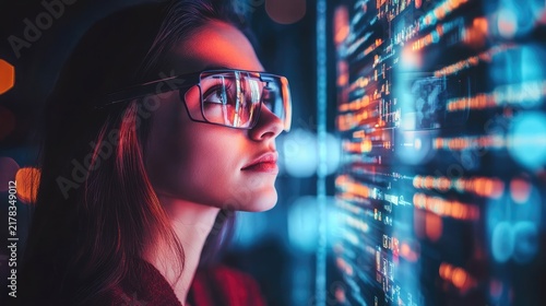 Young woman with augmented reality glasses immersed in data streams and futuristic interfaces
