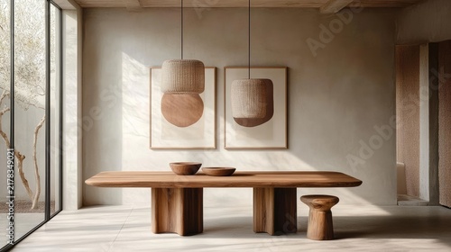 Zen dining space with wood elements creating a harmonious blend of minimalism and nature