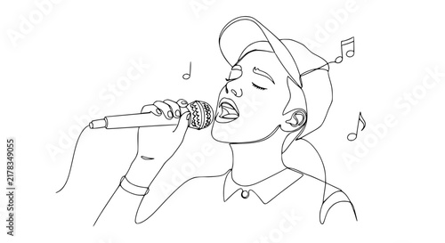 Foto Young Woman Singing with Microphone and Musical Notes - Line Art