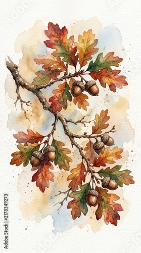 Watercolor autumn oak branch with colorful leaves and acorns. The oak branch showcases vibrant autumn foliage with shades of red, orange, and yellow, accompanied by acorns.