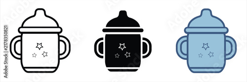 Baby Sippy Cup Icon Set In Black, White And Blue Colors, Cute Infant Drinking Cup Collection With Handles And Star Design, Isolated On White Background