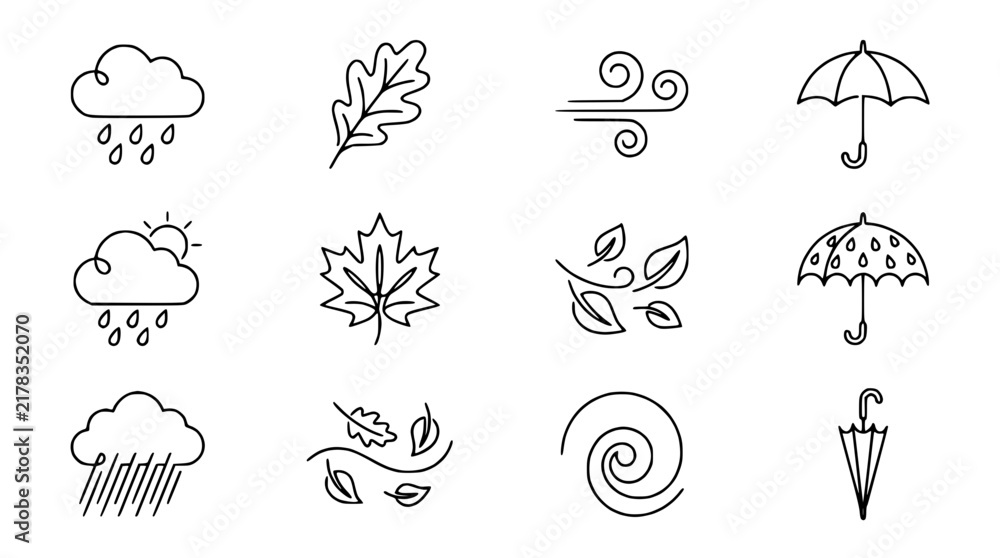 Obraz premium Autumn Weather Icons Set: Rain, Wind, Leaves, Sun, Umbrella