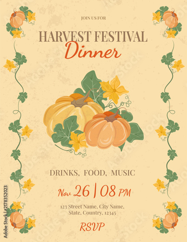 Harvest festival dinner invitation poster template with pumpkins and floral border