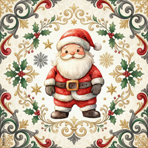 Fondo navideño blanco en acuarela con patron para tarjetas o textiles de papa noel y decoraciones navideñas en rojo y verde y dorado