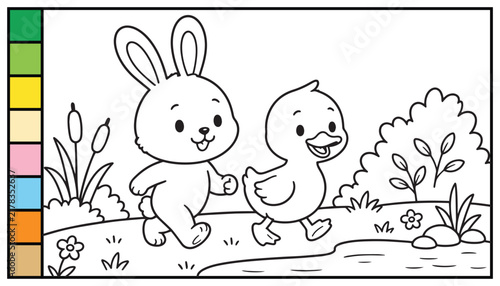 Foto Cute Cartoon Friendship Bunny and Duck Outline Coloring Page for Kids with Color