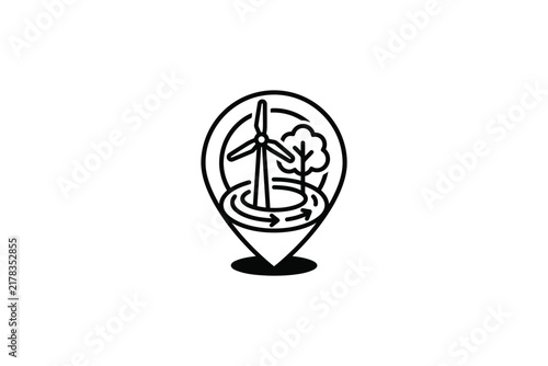 Eco energy location icon with wind turbine and tree.