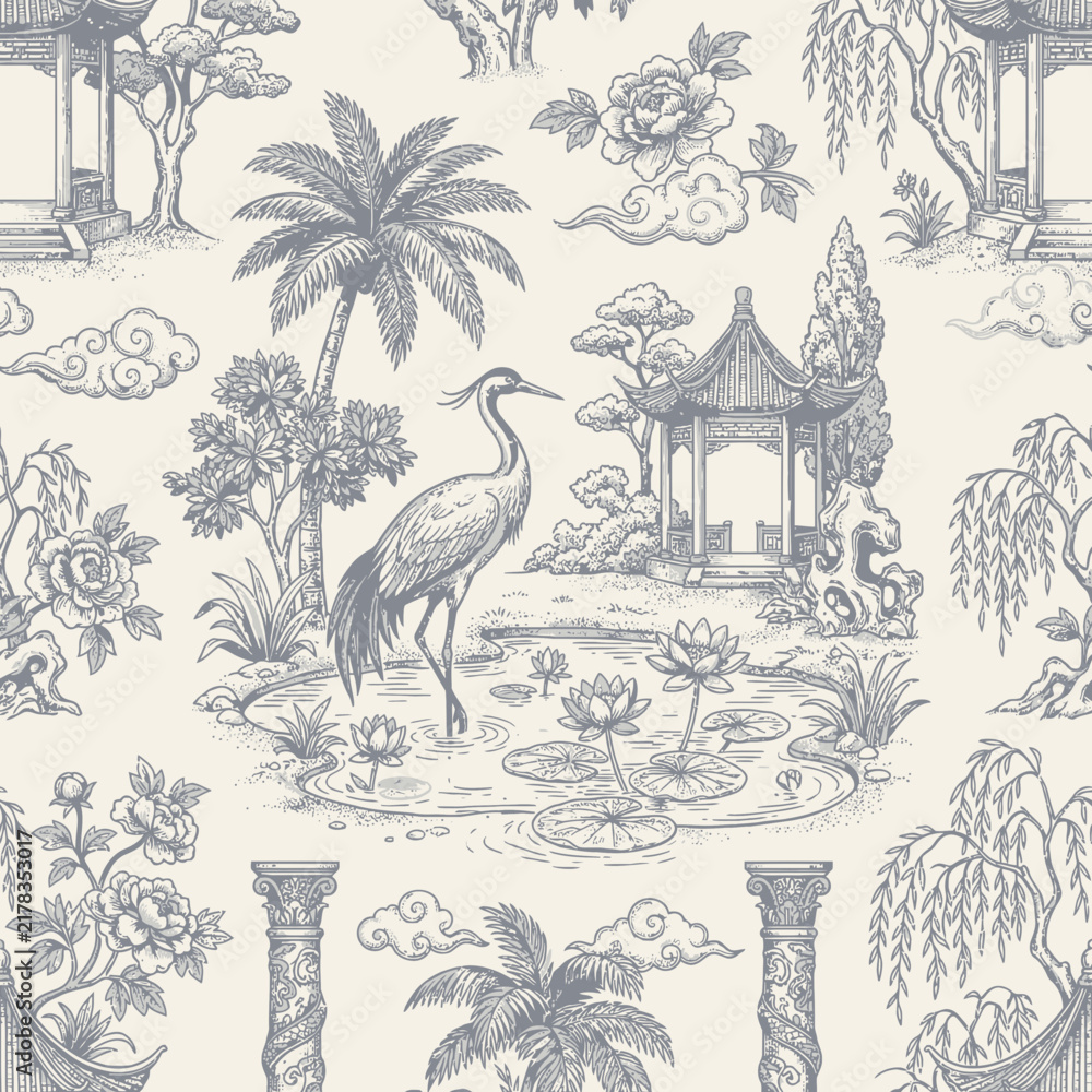 Fototapeta premium Vintage Toile de Jouy Style Seamless Pattern with Oriental Garden Crane and Pagoda